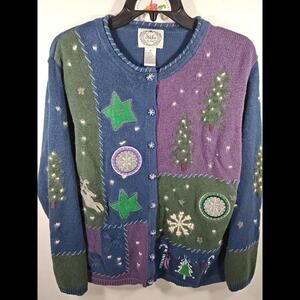 Stitches in Time Christmas Sweater Medium Green Blue Embroidered Button Cardigan